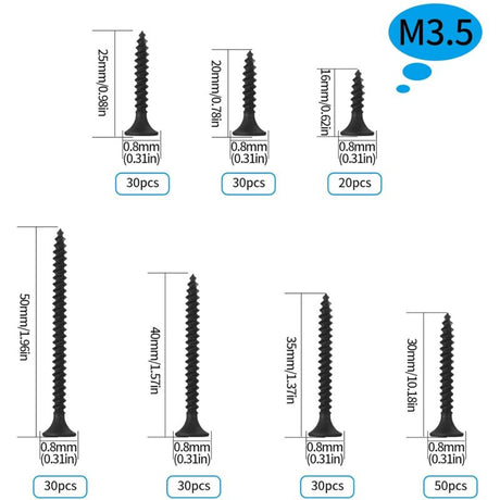 220 pcs Self Tapping Wood Screws, Black Cross Flat Head Self Drilling Screw, Metal Screws For Drywall Furniture - M3.5