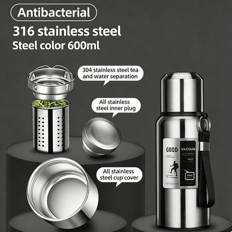 Antibacterial 316 Stainless Steel Vacuum Flask 800ml | Tea Infuser & Insulated Bottle for Hot/Cold Drinks (Bright silver)