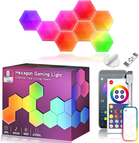 8 Pack Hexagon LED Wall Lights, Smart RGB Honeycomb Lights with APP & Voice Control, Music Sync Modular LED Panels for Gaming Room, Bedroom & Home Theater Decor