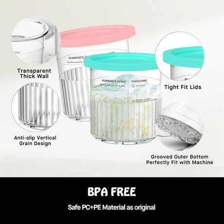 Creami pint ice cream containers and lids for Ninja, 4-piece set of cream ice cream containers/cups/jars/buckets, compatible with NC500/501 series cream ice cream machines.