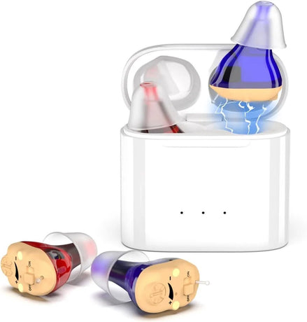Hearing aids, wireless charging hearing aids, hearing aids with magnetic charging case, dual-channel digital in-ear hearing aids with noise reduction.