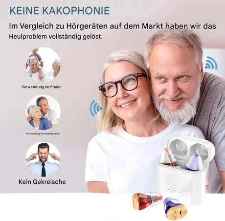Hearing aids, wireless charging hearing aids, hearing aids with magnetic charging case, dual-channel digital in-ear hearing aids with noise reduction.