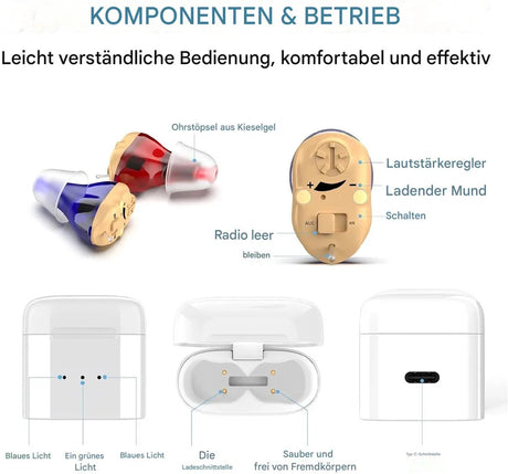 Hearing aids, wireless charging hearing aids, hearing aids with magnetic charging case, dual-channel digital in-ear hearing aids with noise reduction.