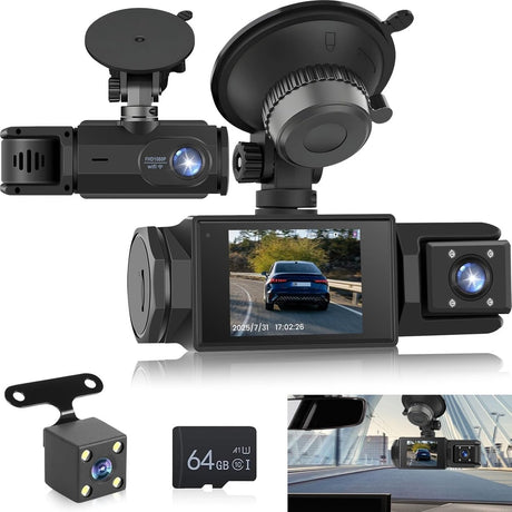 WiFi Car Dash Cam – 3-Channel Wireless Camera with App, Front, Interior, and Rear Cameras, Full HD 1080p, 2-inch IPS Screen, Night Vision, Motion Detection, Loop Recording, 64GB Memory Card Included