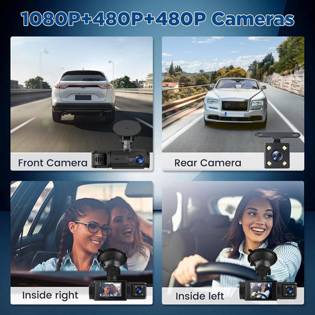 WiFi Car Dash Cam – 3-Channel Wireless Camera with App, Front, Interior, and Rear Cameras, Full HD 1080p, 2-inch IPS Screen, Night Vision, Motion Detection, Loop Recording, 64GB Memory Card Included