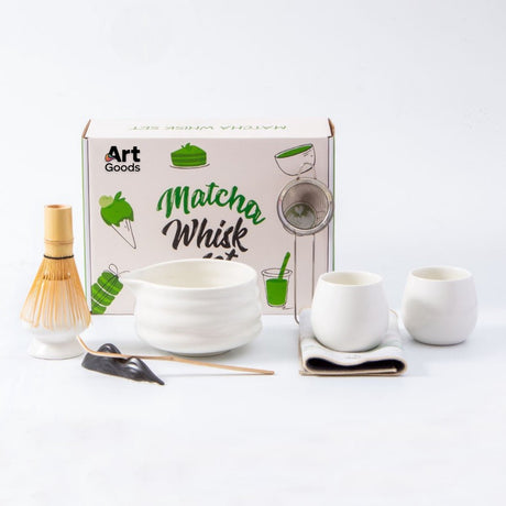 Art Goods Matcha Set 9-Piece – Complete Japanese Tea Set – White Matcha Bowl with Spout, Whisk, Cups & Accessories – Gift for Women