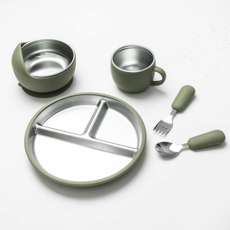 5-Piece Set - Children's Plate - Baby Plate in Stainless Steel - BPA-Free - Non-Slip - Unbreakable - Removable - Suitable for Children 1-3 Years Old - Includes Plate, Bowl, Cup, Fork, Spoon - Grass Green
