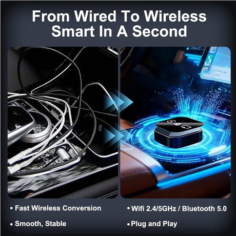 3-in-1 Wireless CarPlay Mirror Link Adapter (version 2026) compatible with iPhone/Apple/Android: automatic connection to your car's screen, dual Wi-Fi 2.4/5 GHz and Bluetooth 5.0, wired to wireless mode (iPhone compatible, 1 piece)