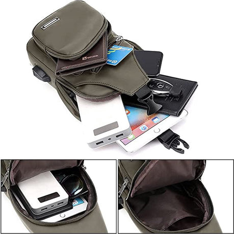 Fanny pack - Shoulder bag - With USB charging port - Men's - Chest bag - Anti-theft - Khaki