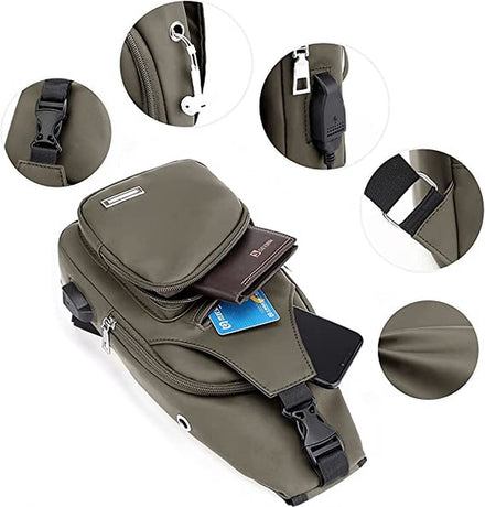 Fanny pack - Shoulder bag - With USB charging port - Men's - Chest bag - Anti-theft - Khaki