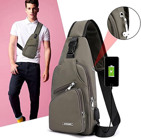 Fanny pack - Shoulder bag - With USB charging port - Men's - Chest bag - Anti-theft - Khaki