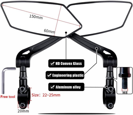Electric bike rearview mirror, ideal for Father's Day, 360° rotating, compatible with almost all bikes, Allen key included.