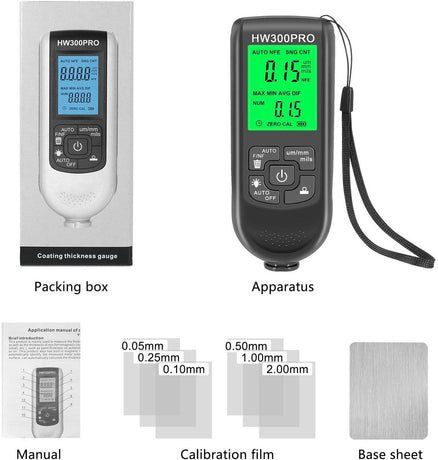 Coating thickness gauge - Paint thickness gauge - Digital coating thickness gauge - Car paint thickness gauge - Measuring range 0 to 2000 µm - Car paint gauge with portable cable - Black