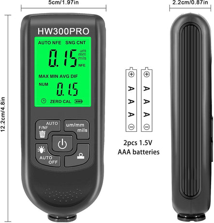 Coating thickness gauge - Paint thickness gauge - Digital coating thickness gauge - Car paint thickness gauge - Measuring range 0 to 2000 µm - Car paint gauge with portable cable - Black