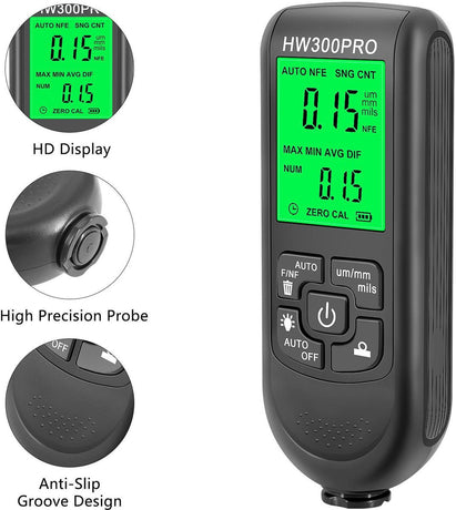 Coating thickness gauge - Paint thickness gauge - Digital coating thickness gauge - Car paint thickness gauge - Measuring range 0 to 2000 µm - Car paint gauge with portable cable - Black