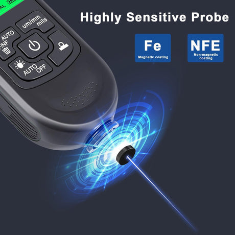Coating thickness gauge - Paint thickness gauge - Digital coating thickness gauge - Car paint thickness gauge - Measuring range 0 to 2000 µm - Car paint gauge with portable cable - Black