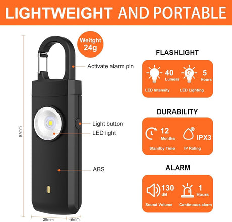 Personal Alarm - Powerful 130dB Sound and Flashing Light - Personal Security Alarm - Self-Defense Keychain - Personal Protection - Emergency Signal - Senior Alarm - Portable Security Alarm - Black