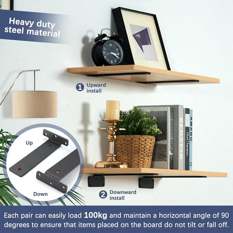 2 pieces - Support frame - Wall bracket - Metal shelf brackets - Floating shelf bracket - Stainless steel bracket - Shelf brackets with thick screws - Furniture accessories - Black - 150 mm