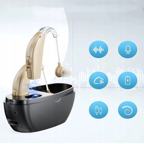 Digital hearing aid - Behind-the-ear sound collector - Rechargeable - Sound amplification - Intelligent noise cancellation - Dynamic speaker - In-ear detection