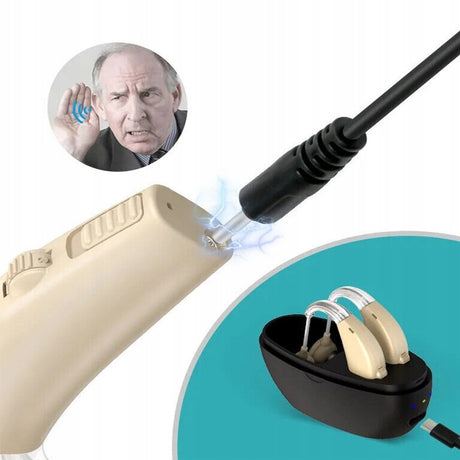 Digital hearing aid - Behind-the-ear sound collector - Rechargeable - Sound amplification - Intelligent noise cancellation - Dynamic speaker - In-ear detection