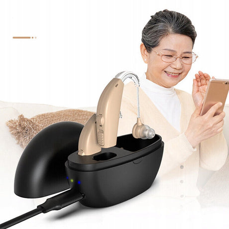 Digital hearing aid - Behind-the-ear sound collector - Rechargeable - Sound amplification - Intelligent noise cancellation - Dynamic speaker - In-ear detection