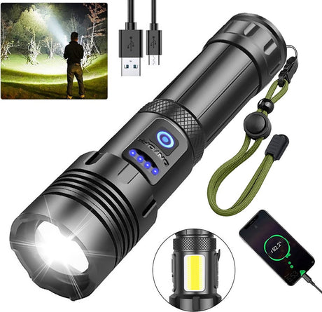Flashlight - Rechargeable LED - Military Flashlight - 100,000 lumens - with 7 modes - COB side light - Waterproof - For emergencies, camping, home