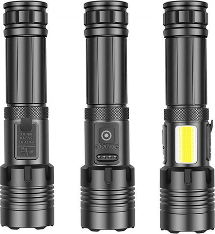 Flashlight - Rechargeable LED - Military Flashlight - 100,000 lumens - with 7 modes - COB side light - Waterproof - For emergencies, camping, home
