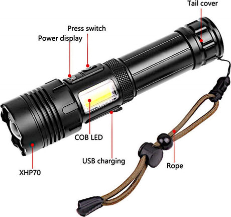 Flashlight - Rechargeable LED - Military Flashlight - 100,000 lumens - with 7 modes - COB side light - Waterproof - For emergencies, camping, home