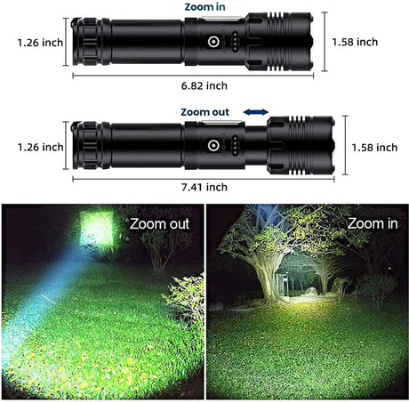 Flashlight - Rechargeable LED - Military Flashlight - 100,000 lumens - with 7 modes - COB side light - Waterproof - For emergencies, camping, home