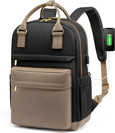 Backpack - Backpack - Ladies - Girls - Women - Laptop - Schoolbag - Work - School - Waterproof - USB - Beige - Brown - Black