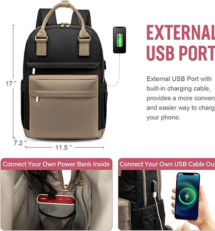 Backpack - Backpack - Ladies - Girls - Women - Laptop - Schoolbag - Work - School - Waterproof - USB - Beige - Brown - Black
