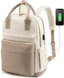Backpack - Backpack - Ladies - Girls - Women - Laptop - Schoolbag - Work - School - Waterproof - USB - Beige - White