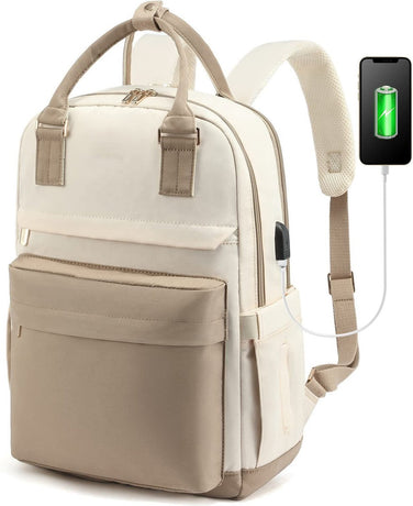 Backpack - Backpack - Ladies - Girls - Women - Laptop - Schoolbag - Work - School - Waterproof - USB - Beige - White