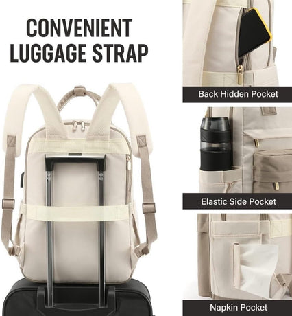 Backpack - Backpack - Ladies - Girls - Women - Laptop - Schoolbag - Work - School - Waterproof - USB - Beige - White