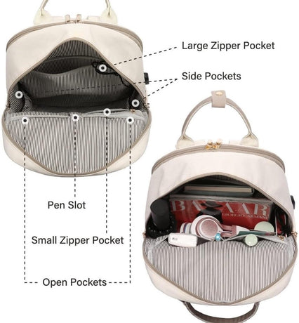 Backpack - Backpack - Ladies - Girls - Women - Laptop - Schoolbag - Work - School - Waterproof - USB - Beige - White
