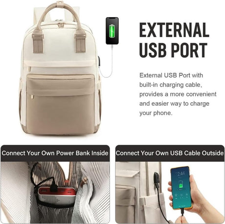 Backpack - Backpack - Ladies - Girls - Women - Laptop - Schoolbag - Work - School - Waterproof - USB - Beige - White