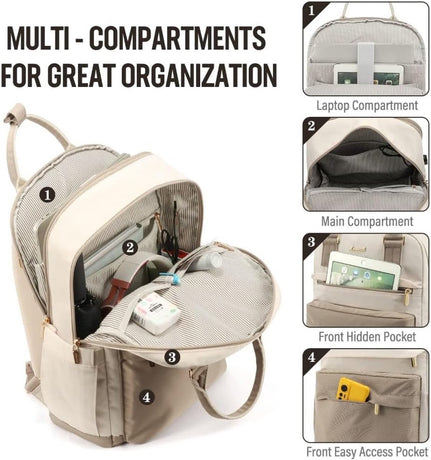 Backpack - Backpack - Ladies - Girls - Women - Laptop - Schoolbag - Work - School - Waterproof - USB - Beige - White
