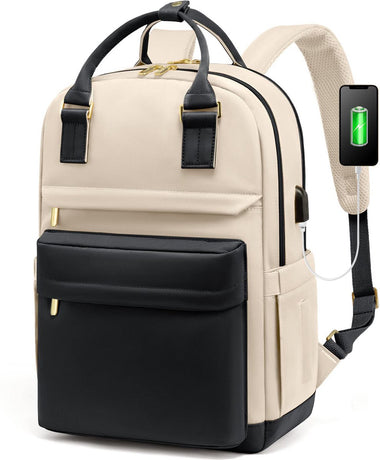 Backpack - Backpack - Ladies - Girls - Women - Laptop - Schoolbag - Work - School - Waterproof - USB - Beige - White - Black