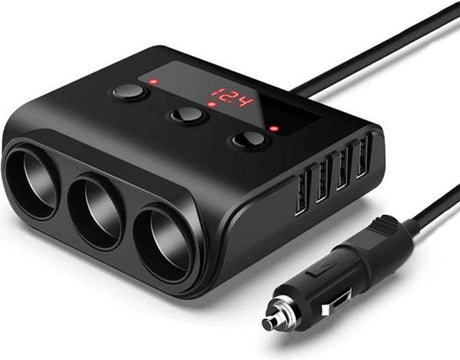 Car cigarette lighter splitter with 12V/24V voltmeter - 4x 5V/3.1A USB inputs - 3 cigarette lighter sockets - car charger - car accessories - SIG04USB - Black