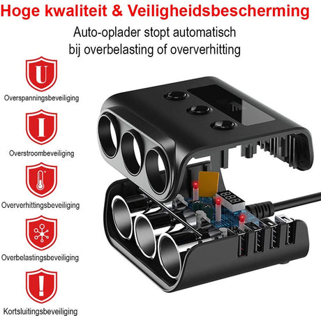 Car cigarette lighter splitter with 12V/24V voltmeter - 4x 5V/3.1A USB inputs - 3 cigarette lighter sockets - car charger - car accessories - SIG04USB - Black