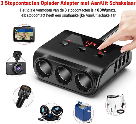 Car cigarette lighter splitter with 12V/24V voltmeter - 4x 5V/3.1A USB inputs - 3 cigarette lighter sockets - car charger - car accessories - SIG04USB - Black
