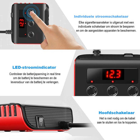 Car cigarette lighter splitter with 12V/24V voltmeter - 4x 5V/3.1A USB inputs - 3 cigarette lighter sockets - car charger - car accessories - SIG04USB - Black