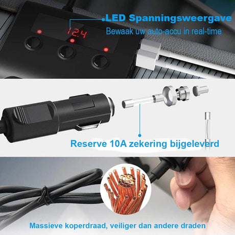 Car cigarette lighter splitter with 12V/24V voltmeter - 4x 5V/3.1A USB inputs - 3 cigarette lighter sockets - car charger - car accessories - SIG04USB - Black