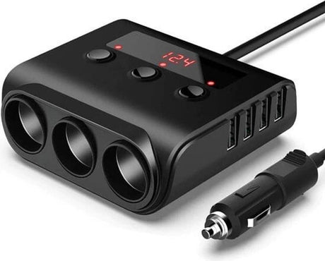 Car cigarette lighter splitter with 12V/24V voltmeter - 4x 5V/3.1A USB inputs - 3 cigarette lighter sockets - car charger - car accessories - SIG04USB - Black