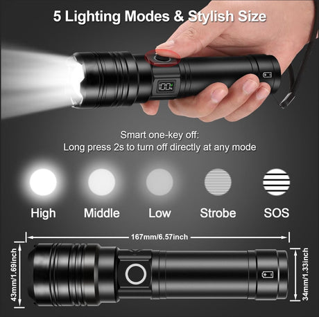 Rechargeable 50,000 lumen flashlight, long range, ultra-bright USB-C LED, long battery life, 5 modes, powerful zoomable flashlights, for emergencies, hiking and camping.