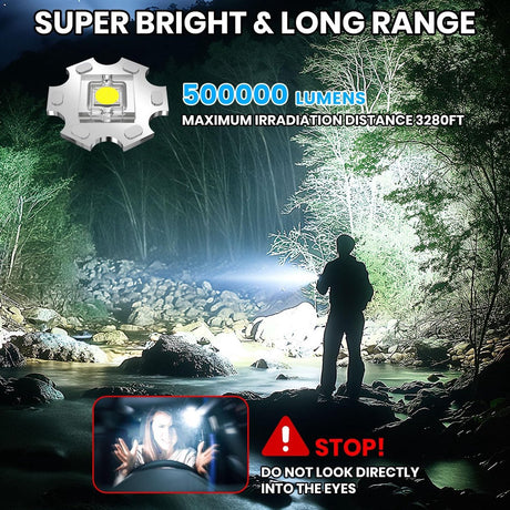Rechargeable 50,000 lumen flashlight, long range, ultra-bright USB-C LED, long battery life, 5 modes, powerful zoomable flashlights, for emergencies, hiking and camping.