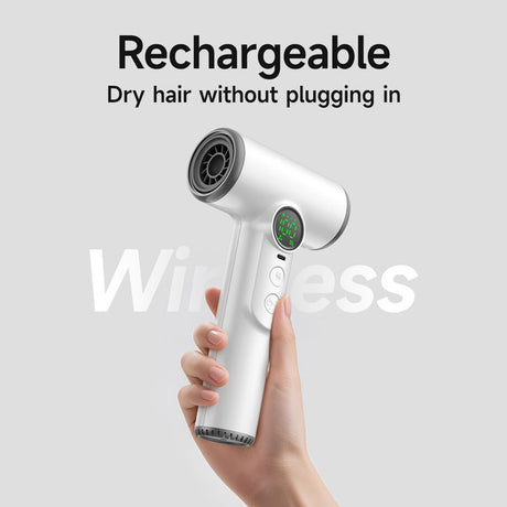 Professional cordless hair dryer - 3 speeds and 3 temperatures, USB rechargeable battery, 200W, portable with digital display for women, beach and camping