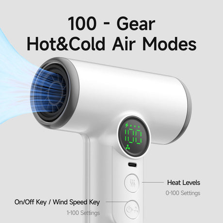 Professional cordless hair dryer - 3 speeds and 3 temperatures, USB rechargeable battery, 200W, portable with digital display for women, beach and camping