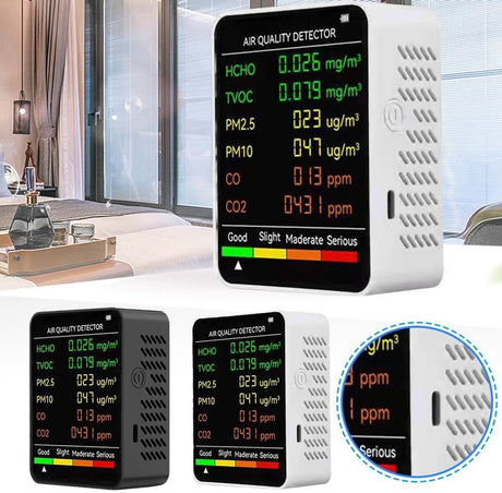 Air Quality Monitor - 6 Functions - Detects PM2.5, PM10, HCHO, TVOC, CO, CO2 - Suitable for monitoring indoor air, testing office spaces, inspecting car air, and monitoring the outdoor environment - Wit