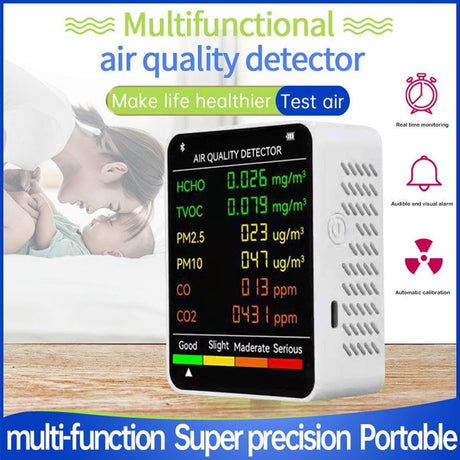 Air Quality Monitor - 6 Functions - Detects PM2.5, PM10, HCHO, TVOC, CO, CO2 - Suitable for monitoring indoor air, testing office spaces, inspecting car air, and monitoring the outdoor environment - Wit